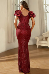 Vestido de noche formal de sirena con mangas cortas y lentejuelas color burdeos